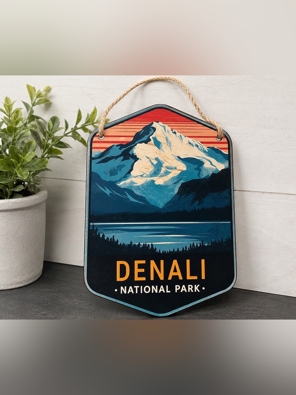 Denali National Park Vintage Mountain Art Sign- Teal & White 12x8